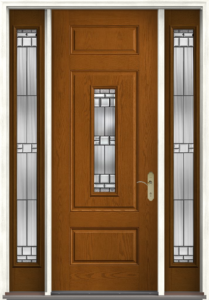 A front entry door with decorative glass and sidelites.